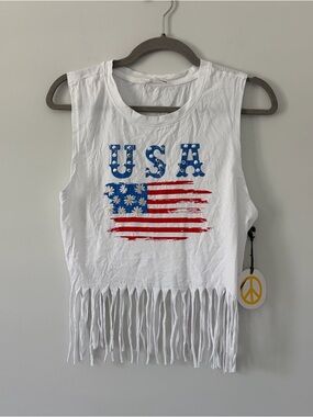 Love Peace & Lazy Days White USA Embroidered Sleeveless Fringe Tank Top NWT L